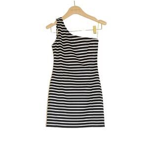 Red Clover - Bodycon One Shoulder Mini Dress in Black & White Stripe / Size S